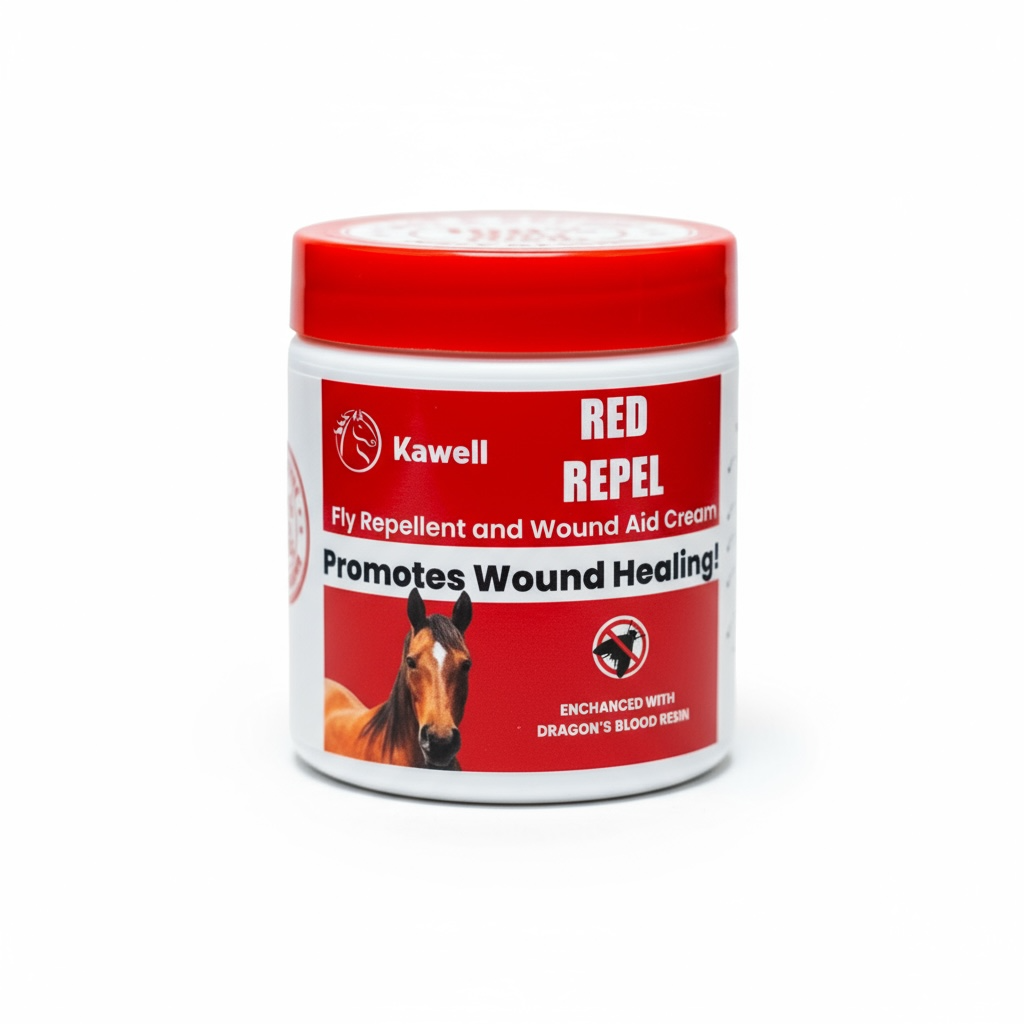 Kawell Red Repel fly repellent and wound aid cream jar on a white background