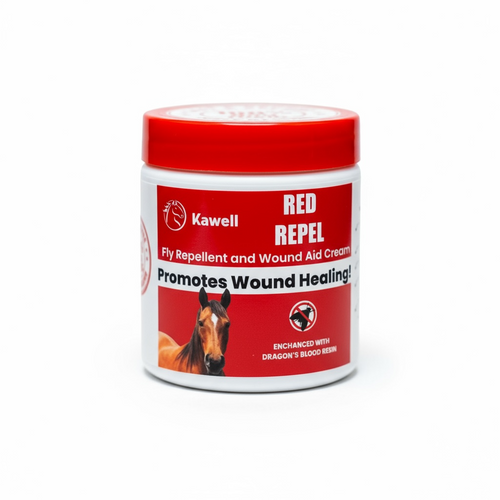 Kawell Red Repel fly repellent and wound aid cream jar on a white background
