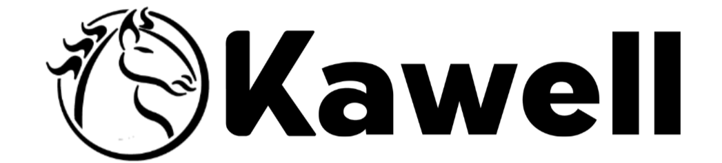 Kawell logo with a stylized horse head in black and white.